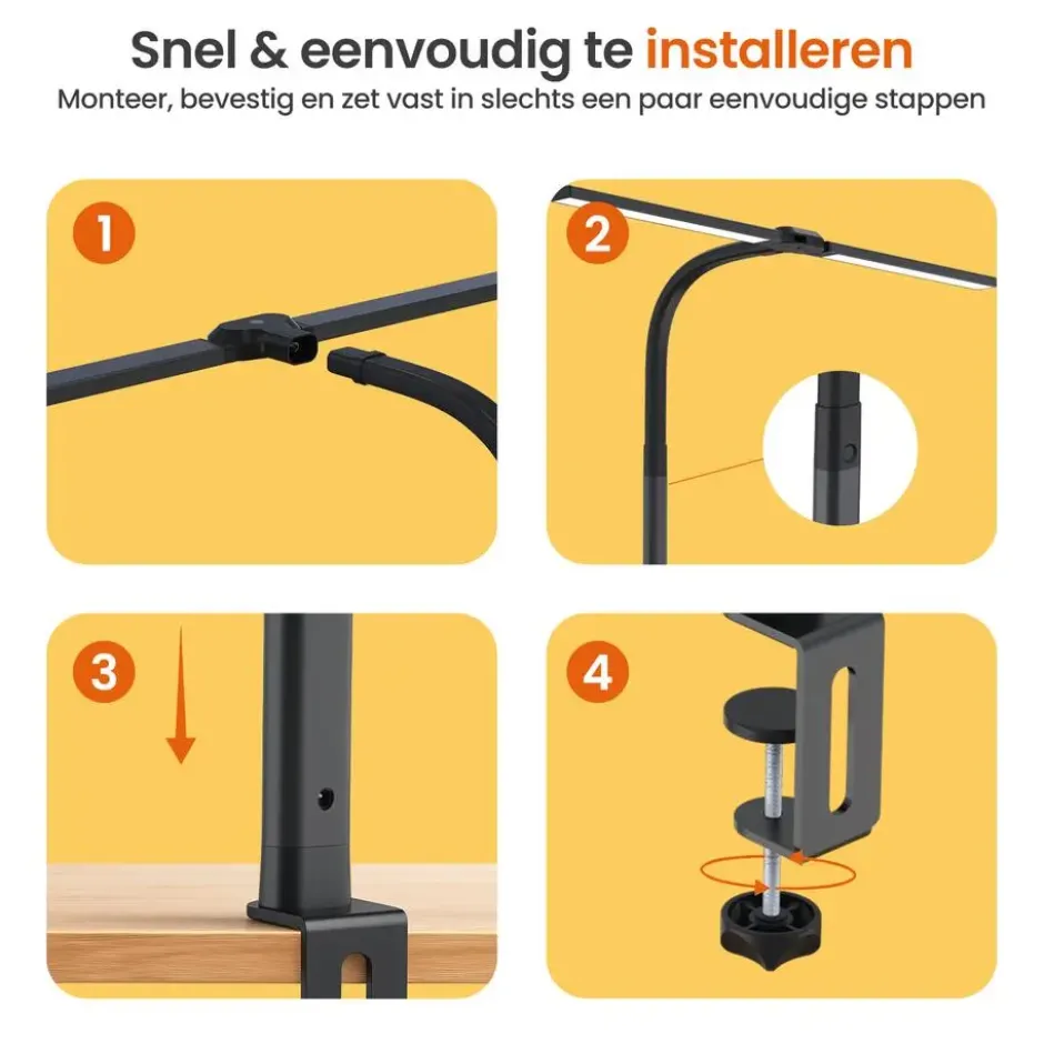 Goliving Bureaulamp met Klem - 78 CM - LED Dimbaar - Touch Bediening