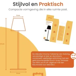 Goliving Chroma Tafellamp Oplaadbaar – Draadloos en Dimbaar – Touch – Nachtlamp