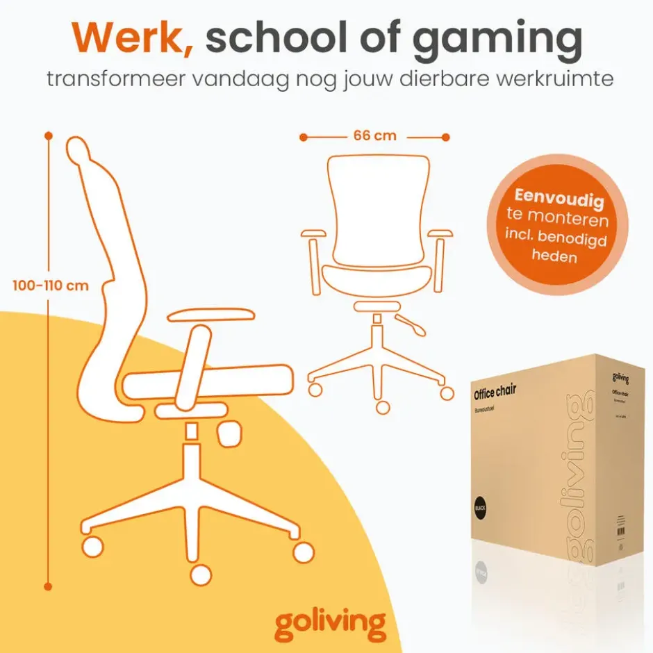 Goliving Ergonomisch bureaustoel - Verstelbaar - Op wieltjes - Zwart
