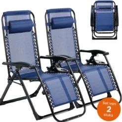 Goliving Opvouwbare Ligstoel - 2 Stuks - Tuinstoel met Tafel - Blauw