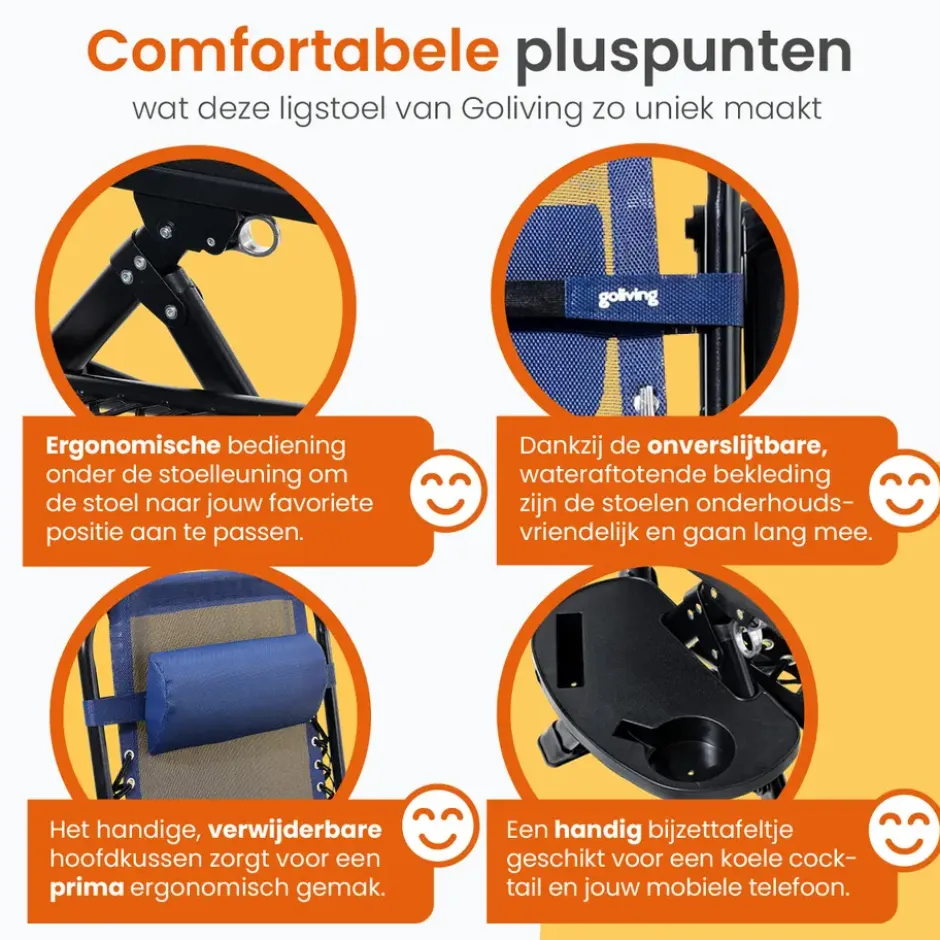 Goliving Opvouwbare Ligstoel - 2 Stuks - Tuinstoel met Tafel - Blauw