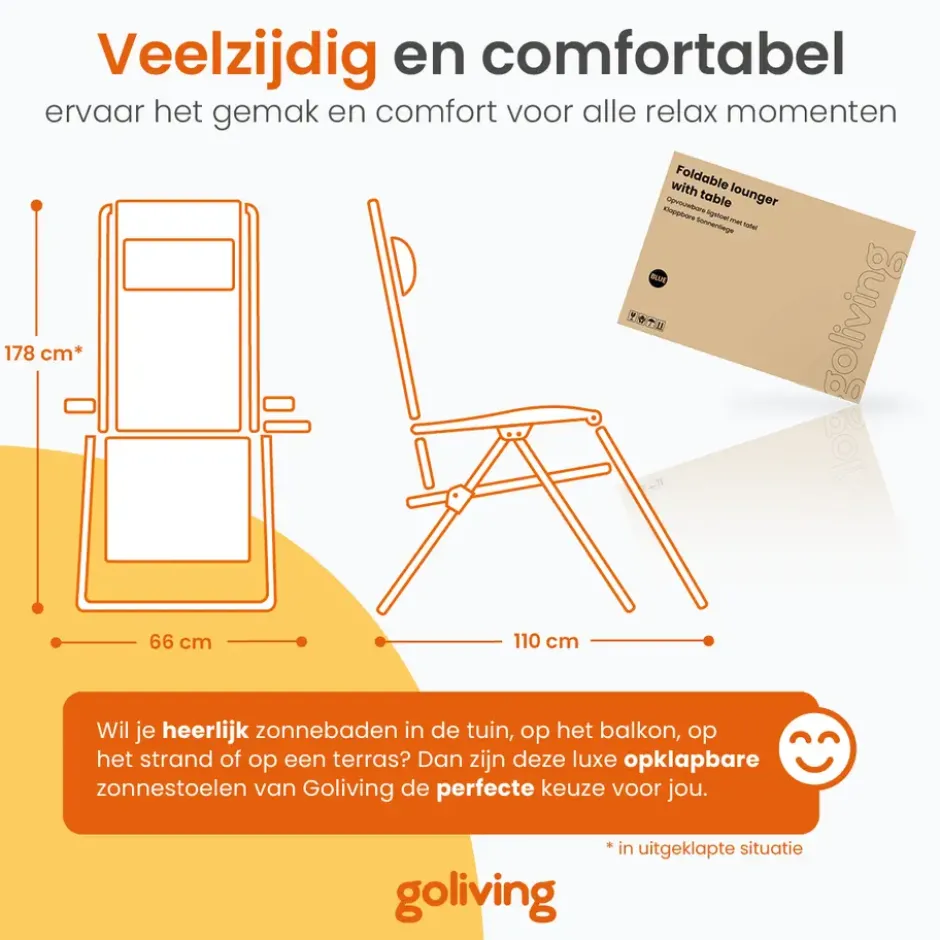 Goliving Opvouwbare Ligstoel - 2 Stuks - Tuinstoel met Tafel - Blauw
