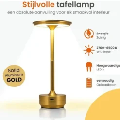 Goliving Tafellamp Op Accu - Oplaadbaar en Dimbaar - Hoogte 27 cm - Goud