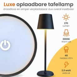 Goliving Tafellamp Oplaadbaar – Draadloos en dimbaar – Moderne touch lamp