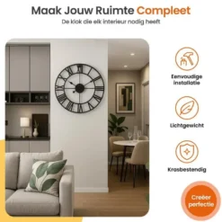 Goliving Wandklok Industrieel - Stil uurwerk - Metaal - Ø 70 cm - Zwart