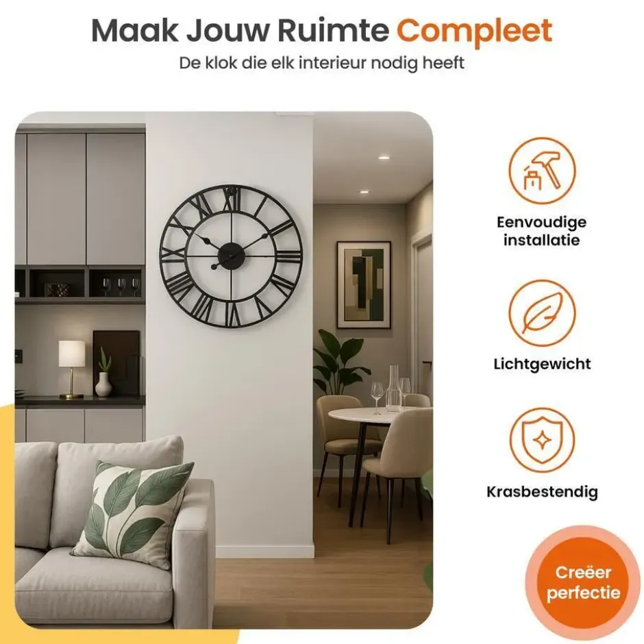 Goliving Wandklok Industrieel - Stil uurwerk - Metaal - Ø 70 cm - Zwart