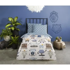 Goodmorning Robots Peuter Dekbedovertrek Blauw-Ledikant (100 x 135 cm)