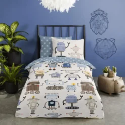 Goodmorning Robots Peuter Dekbedovertrek Blauw-Ledikant (100 x 135 cm)