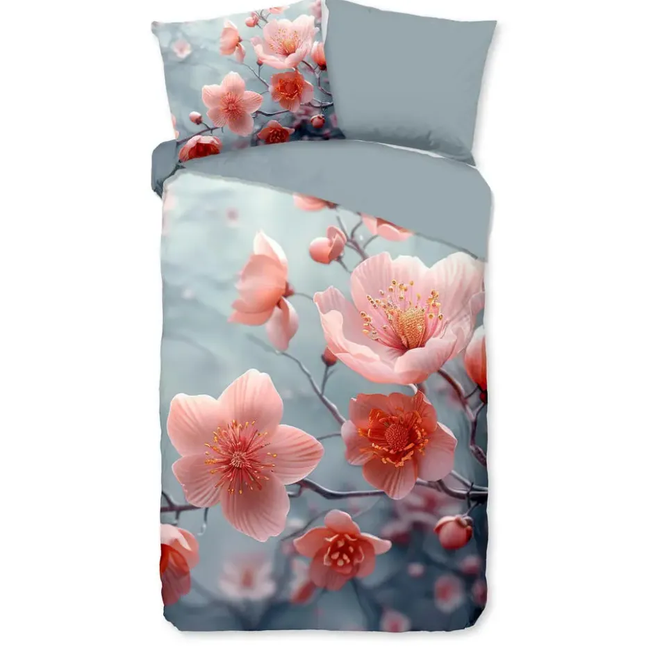 Good Morning Roze Bloemen Dekbedovertrek Grijs-1-persoons (140 x 200/220 cm)
