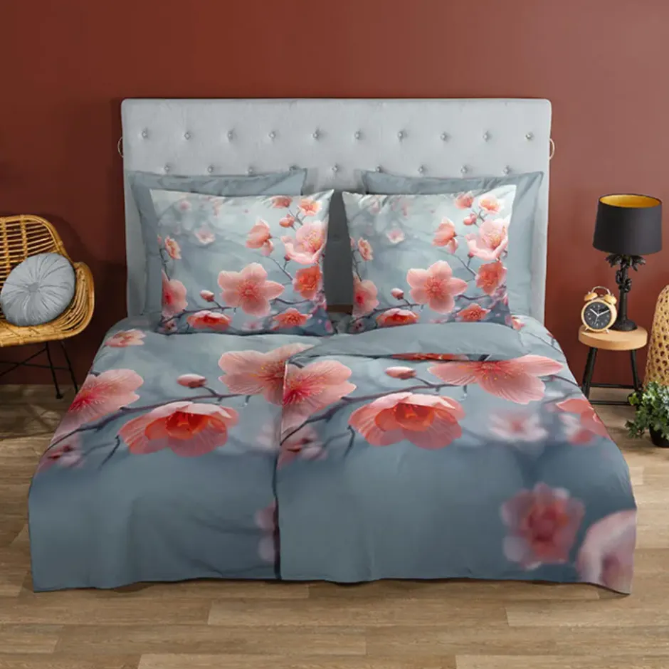 Good Morning Roze Bloemen Dekbedovertrek Grijs-1-persoons (140 x 200/220 cm)