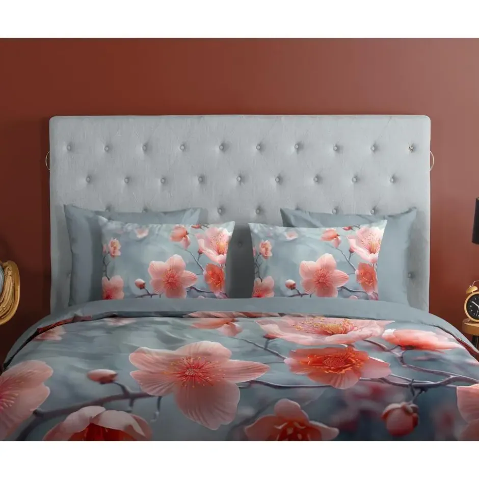 Good Morning Roze Bloemen Dekbedovertrek Grijs-1-persoons (140 x 200/220 cm)