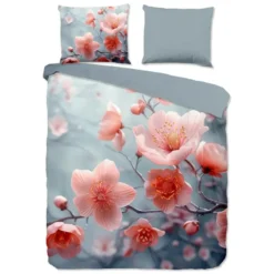 Good Morning Roze Bloemen Dekbedovertrek Grijs-Lits-jumeaux (240 x 200/220 cm)
