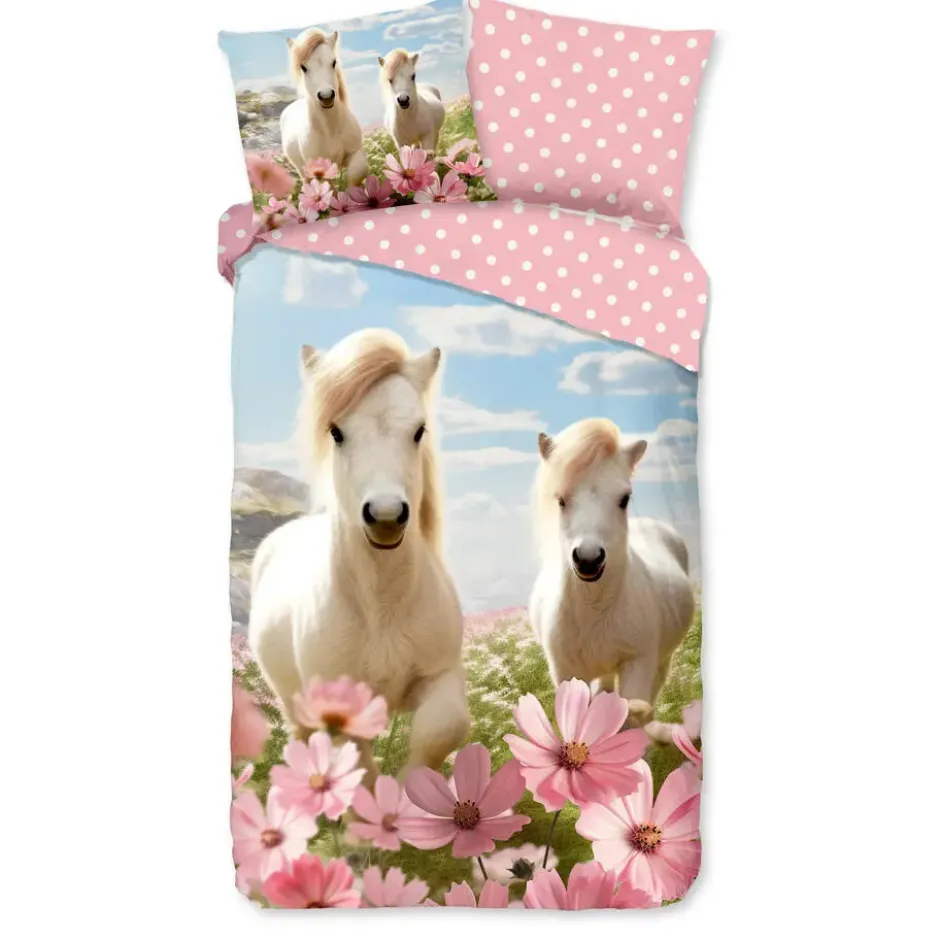 Good Morning Witte Paarden Kinderdekbedovertrek Roze