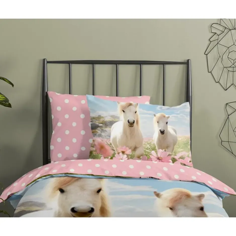 Good Morning Witte Paarden Kinderdekbedovertrek Roze