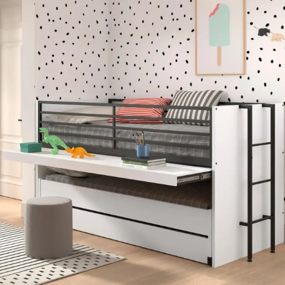 Halfhoogslaper Sammie 90x200cm met 2 slaapplaatsen, bedlade en bureau - wit