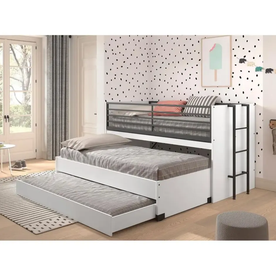 Halfhoogslaper Sammie 90x200cm met 2 slaapplaatsen, bedlade en bureau - wit