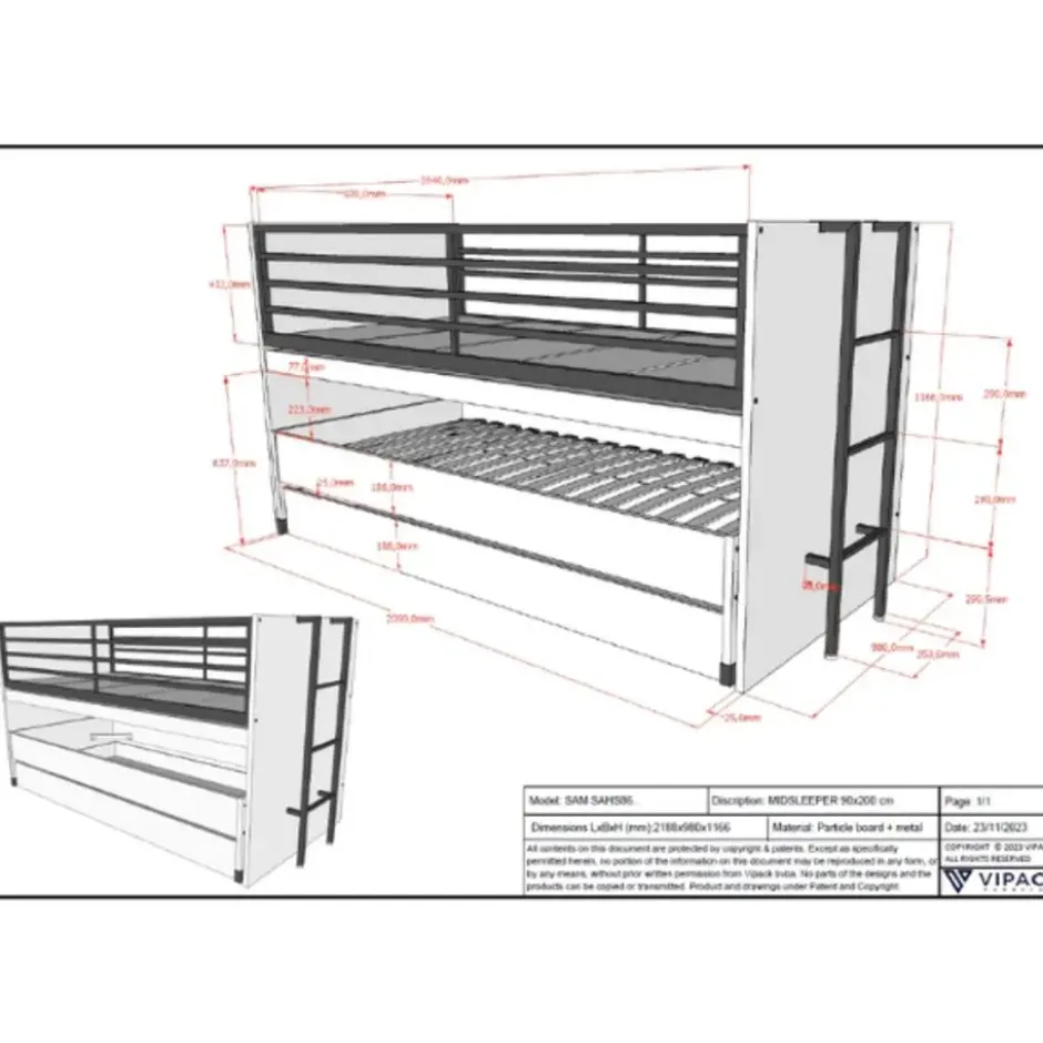 Halfhoogslaper Sammie 90x200cm met 2 slaapplaatsen, bedlade en bureau - wit