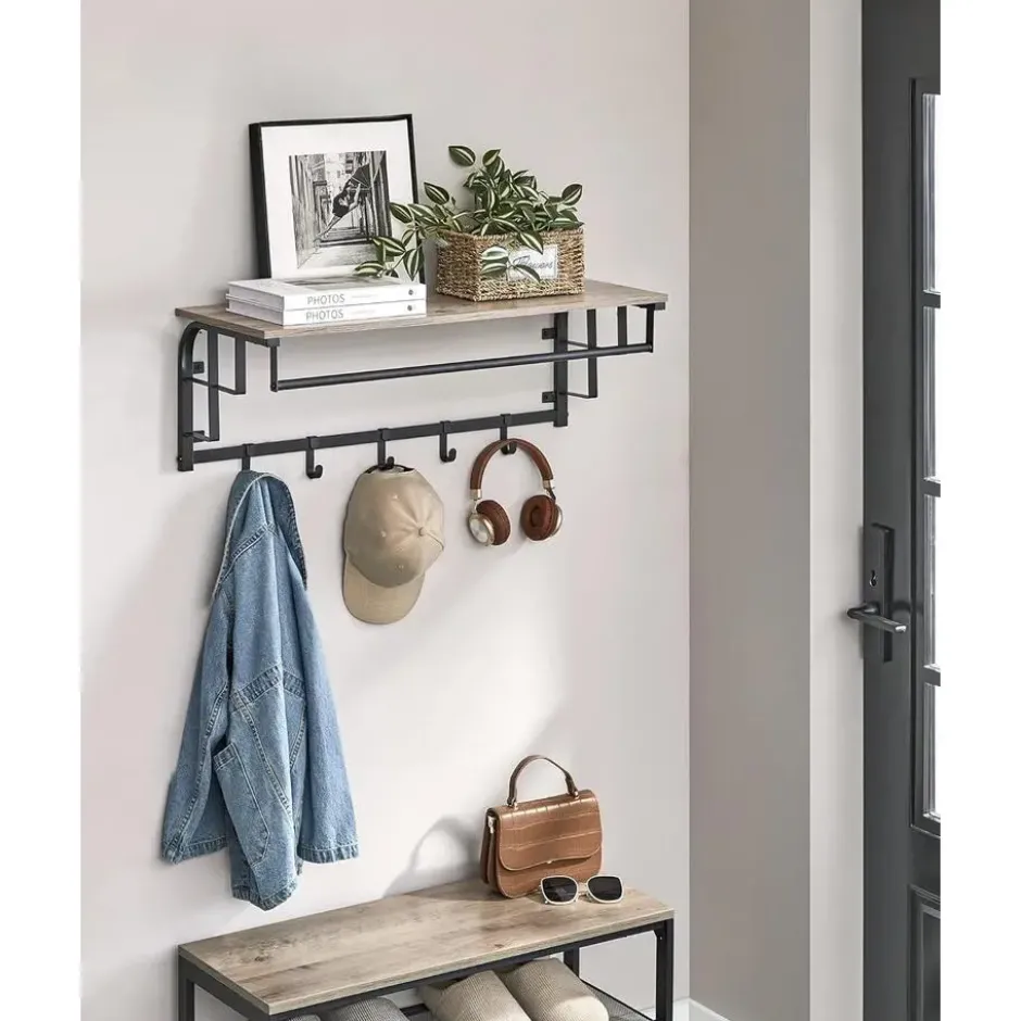Hangende Kapstok met Plank, 5 haken - Grijs zwart