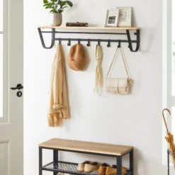 Hangende Kapstok voor Muur of Wand - 8 Haken en 1 Bar - 90 cm Lang - Lichte Eik