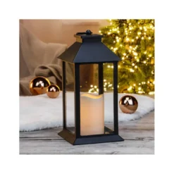 HI Lantaarn - zwart - kaars met LED verlichting - 33 cm