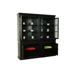 Hioshop Amaretta vitrinekast 4 deuren- zwart antiek gepatineerd Breedte 186