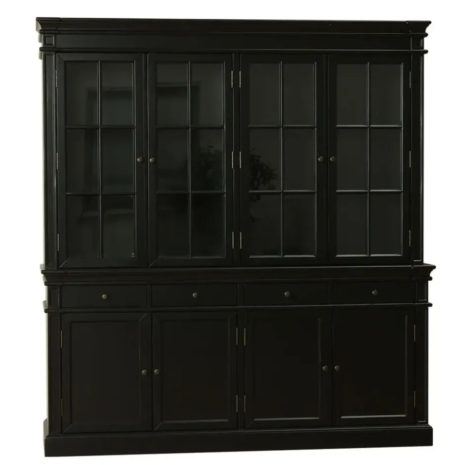Hioshop Amaretta vitrinekast 4 deuren- zwart antiek gepatineerd Breedte 186