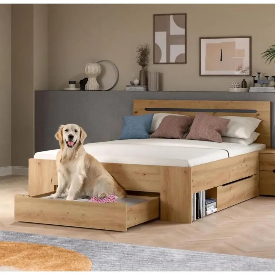 Hioshop Canu bed 140x200cm 3 laden grijs- eik decor