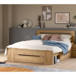 Hioshop Canu bed 140x200cm 3 laden grijs- eik decor