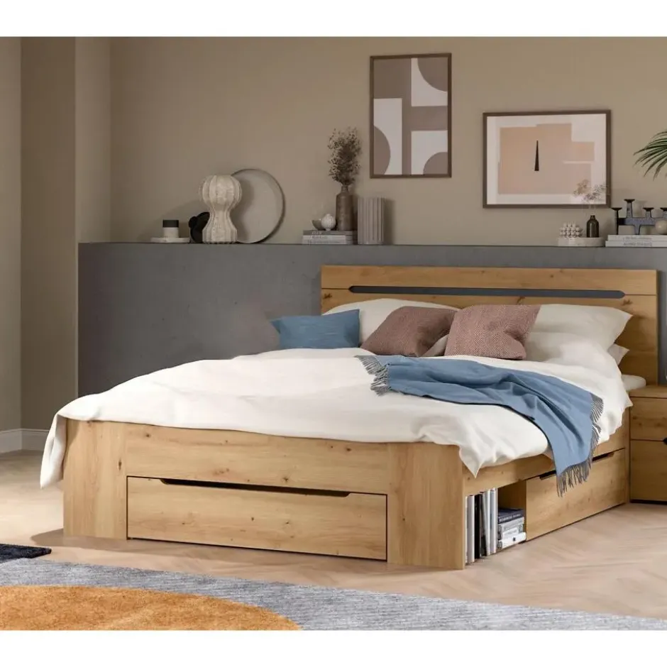 Hioshop Canu bed 140x200cm 3 laden grijs- eik decor