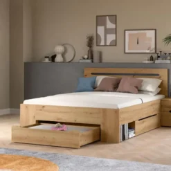 Hioshop Canu bed 140x200cm 3 laden grijs- eik decor