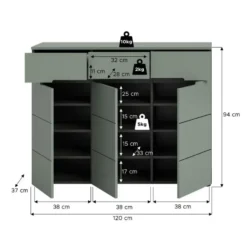 Hioshop Canu schoenenkast 3 deuren- 3 lades stofgroen- donkergrijs