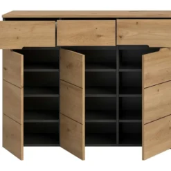 Hioshop Canu schoenenkast 3 deuren- 3 lades eiken decor- grijs