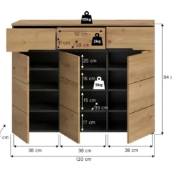 Hioshop Canu schoenenkast 3 deuren- 3 lades eiken decor- grijs