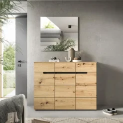 Hioshop Canu schoenenkast 3 deuren- 3 lades eiken decor- grijs