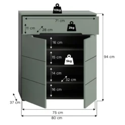 Hioshop Canu schoenenkast 2 deuren- 1 lade stofgroen- donkergrijs
