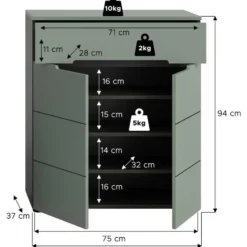 Hioshop Canu schoenenkast 2 deuren- 1 lade stofgroen- donkergrijs