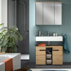 Hioshop Canu spiegelkast 3 spiegeldeuren eiken decor- grijs