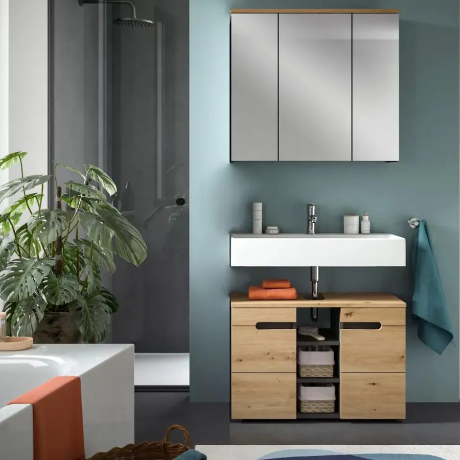 Hioshop Canu spiegelkast 3 spiegeldeuren eiken decor- grijs