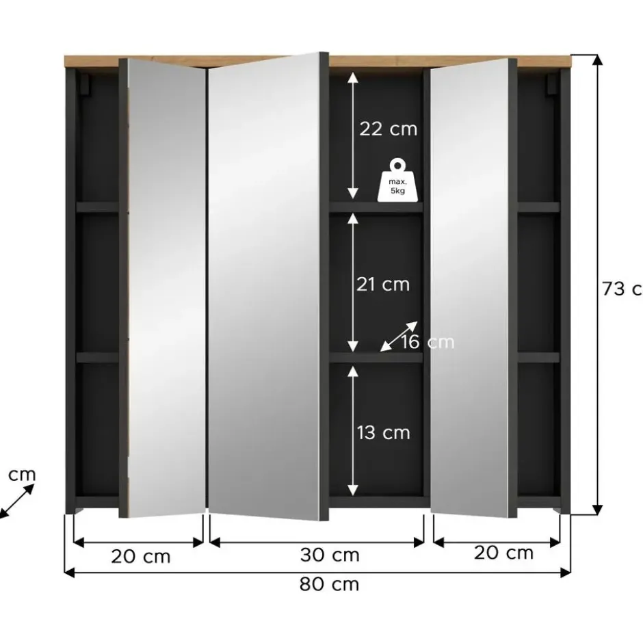 Hioshop Canu spiegelkast 3 spiegeldeuren eiken decor- grijs