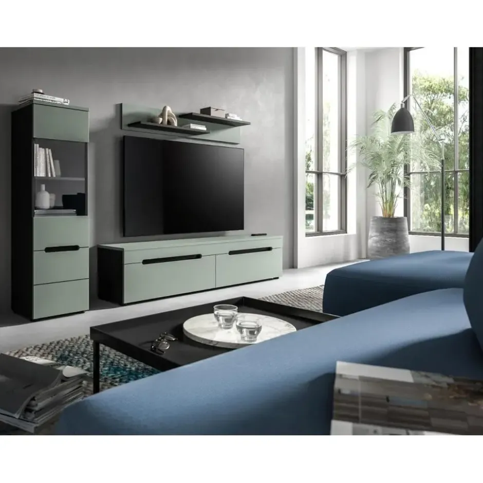 Hioshop Canu vitrinekast 1 glasdeur stofgroen- donkergrijs
