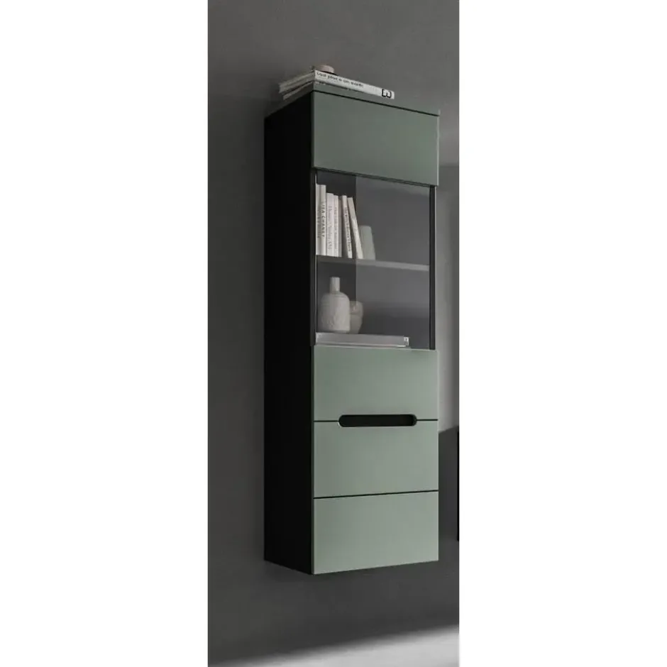 Hioshop Canu vitrinekast 1 glasdeur stofgroen- donkergrijs