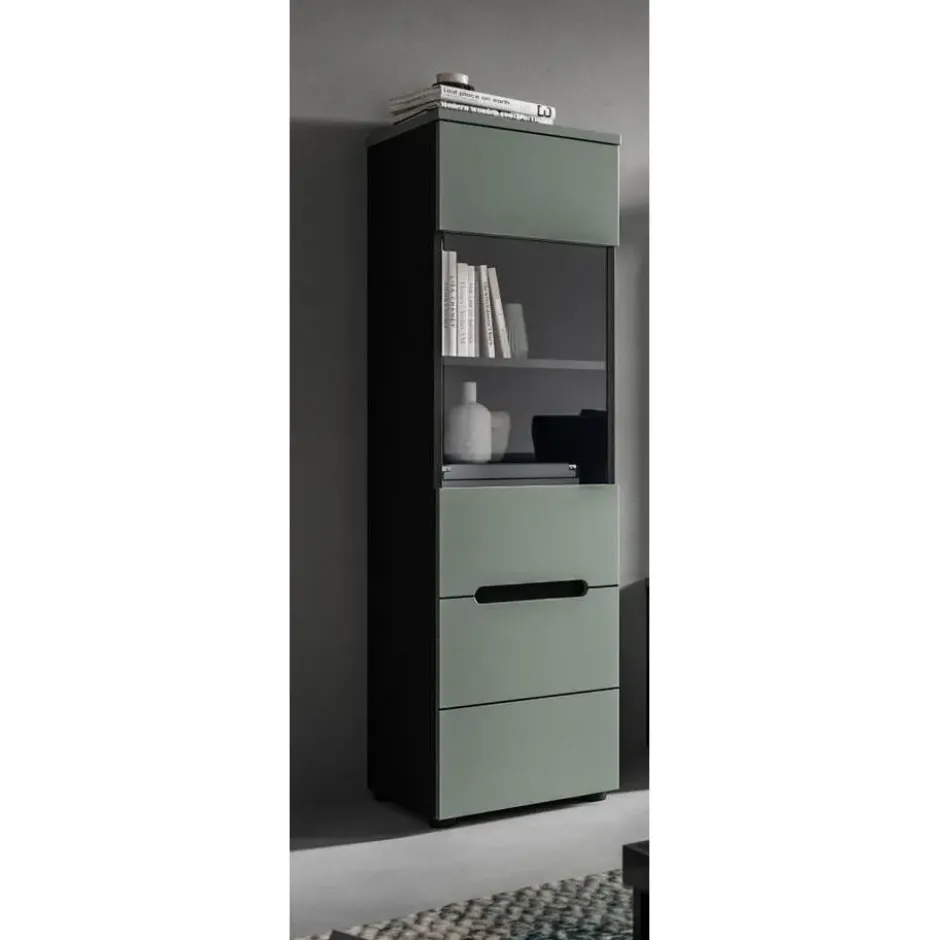 Hioshop Canu vitrinekast 1 glasdeur stofgroen- donkergrijs