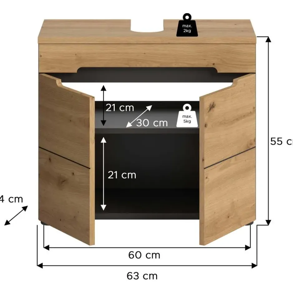 Hioshop Canu wastafel 2 deuren eiken decor- grijs