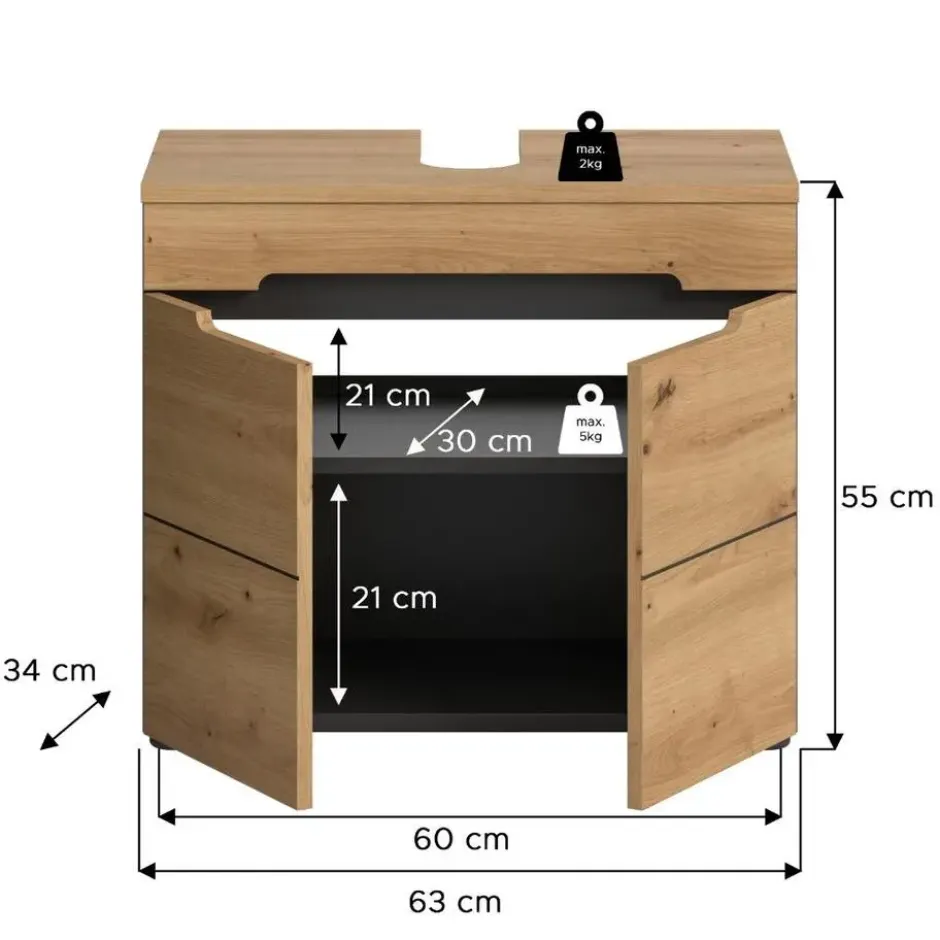 Hioshop Canu wastafel 2 deuren eiken decor- grijs