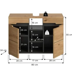 Hioshop Canu wastafel 2 deuren- 3 planken eiken decor- grijs