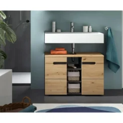 Hioshop Canu wastafel 2 deuren- 3 planken eiken decor- grijs