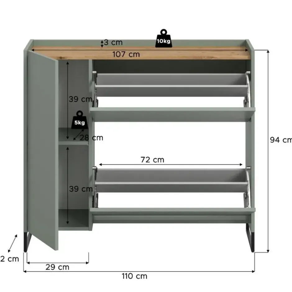 Hioshop Drive schoenenkast 1 deur- 2 vouwdeuren salvie decor