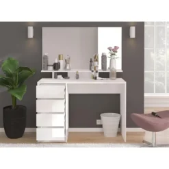 Hioshop Emma kaptafel 4 laden 1 plank- met spiegel wit hoogglans