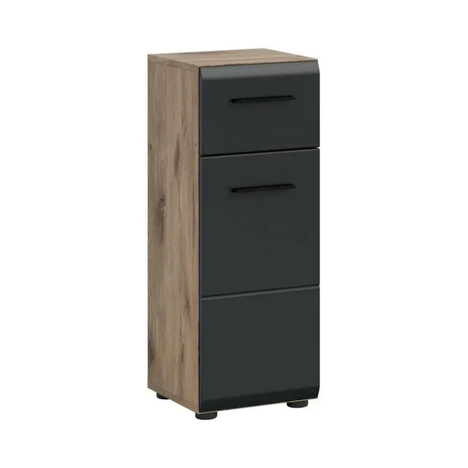 Hioshop Ice badkamerkast 1 deur- 1 lade zwart mat- eiken decor