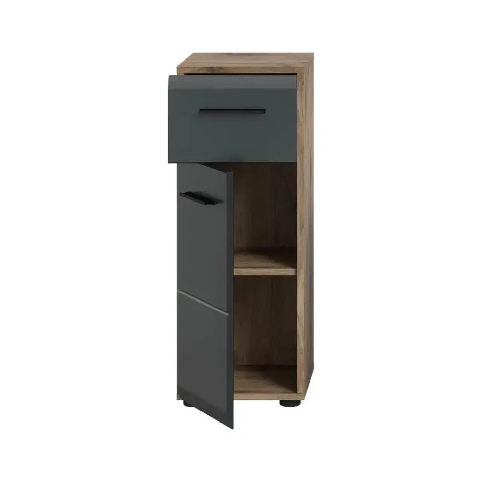 Hioshop Ice badkamerkast 1 deur- 1 lade zwart mat- eiken decor